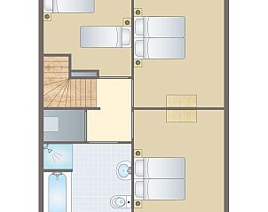 Plattegrond van de bovenverdieping van Esonstad vakantiehuis, Anjum, met drie slaapkamers en badkamer.
