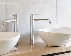 Stijlvolle wasbakken in de badkamer van Huisje in Spier, Drenthe.