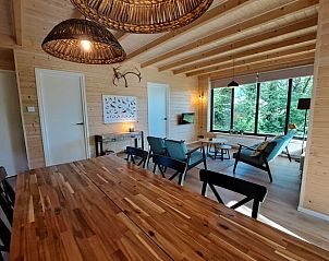 Ruime eetkamer in Vakantiehuisje in Schoonloo, Drenthe met houten tafel.