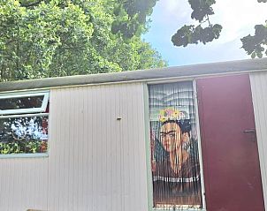 Exterieur van Vakantiehuisje in Orvelte, Drenthe met unieke kunstzinnige deurdecoratie.