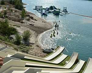 Water play park at the lake near Cottage in Gasselte, vacation accommodation in Drenthe.