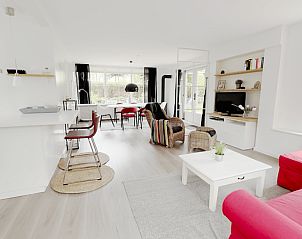 Open woonkamer en keuken in Vakantiehuisje in Gasselte, Midden Drenthe met stijlvolle inrichting.