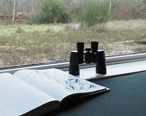 Ontspannen uitzicht vanuit Vakantiehuis in Gasselte, Midden Drenthe, met een verrekijker en vogelgids bij het raam voor natuurliefhebbers.