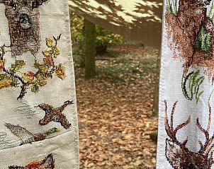 Cozy autumn decor in the Cottage in Papenvoort, vacation home in Drenthe, with embroidered curtains and woodland setting.
