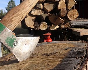 Bijl en houtblokken bij vakantiehuisje in Mantinge, Drenthe.
