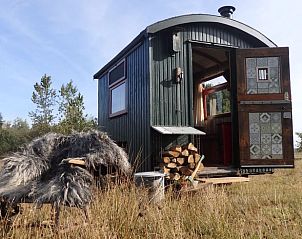 Buitenzijde van vakantiehuisje in Mantinge, Drenthe met schapenvacht.
