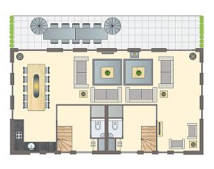 Plattegrond van Hof van Saksen 10-persoons boerderij 10C in Nooitgedacht, Drenthe, met ruime woonkamer en terras.