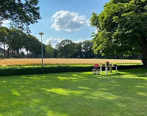 Rustige groene tuin bij Vakantiehuis in Odoorn, Drenthe, perfect voor ontspanning.