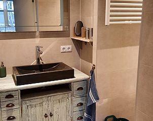 Moderne badkamer in Vakantiehuisje in Wezup, Midden Drenthe met stijlvolle wastafel.