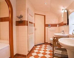 Elegante badkamer in Vakantiehuisje in Een, Noord Drenthe, met moderne voorzieningen en warme tinten.