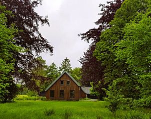 Huisje in Een in Noord Drenthe, een vakantiehuis omringd door groene bomen en een weelderig grasveld.