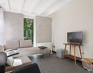 Moderne woonkamer in Vakantiehuis in Een, Noord Drenthe, met comfortabele zitplaatsen.
