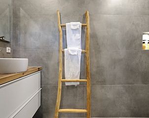 Elegante douche in Vakantiehuis in Een, Noord Drenthe, met houten ladder en moderne wastafel.