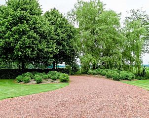 Oprit met grind bij Vakantiehuisje in Een, Drenthe, omgeven door weelderige bomen en natuur.