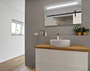 Strakke wastafel in Vakantiehuisje in Een, Drenthe, met spiegel en natuurlijke decoratie.