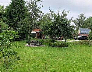 Ruime tuin van vakantiehuis Huisje in Spijkerboor, Noord Drenthe, met veel groen en bomen.