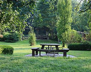 Houten picknicktafel in de tuin van Huisje in Spijkerboor, Noord Drenthe, omringd door natuur.