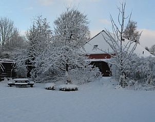Winterse omgeving van Huisje in Spijkerboor, Noord Drenthe, met besneeuwde bomen en tuin.