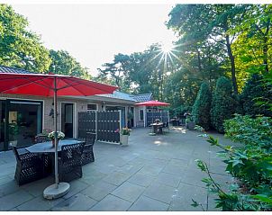 Zonnig terras van bungalow Rendez vous in Zuidlaren, Noord Drenthe, met schaduwrijke plekken en rode parasols.