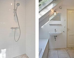 Moderne badkamer in Vakantiehuisje in Norg, Noord Drenthe met douche en wastafel.