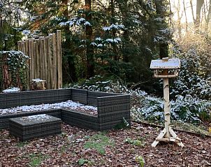 Buitenzitplek in besneeuwde tuin van Vakantiehuisje in Norg, Noord Drenthe.