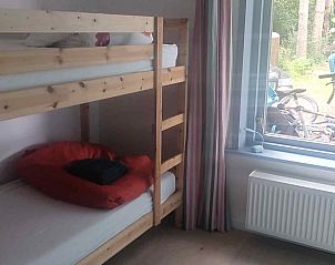 Tuin van DG588 vakantiehuis in Midlaren, Drenthe, met trampoline en houten zitmeubilair onder schaduwrijke bomen.