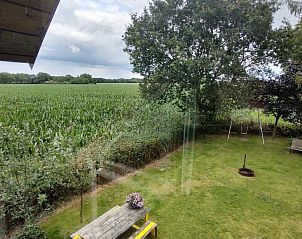 Knusse kinderkamer in DG588 vakantiehuis in Midlaren, Drenthe, met stapelbed en uitzicht op de tuin.