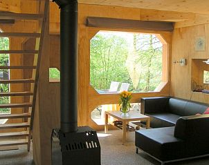 Gezellige woonkamer van vakantiehuis in Schipborg, Noord Drenthe, met houtkachel en uitzicht op de natuur.