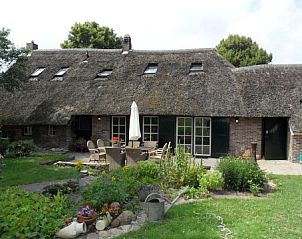 Gezellig terras bij Gasteren Stee en Stoede vakantiehuis in Gasteren, Noord Drenthe omringd door bloemen.