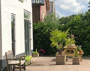 Zonnig terras van Huisje in Tynaarlo, Noord Drenthe, met houten bank en groene planten.