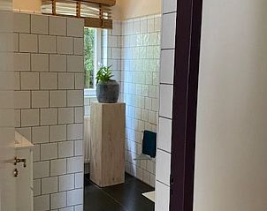Stijlvolle badkamer in Huisje in Tynaarlo, Noord Drenthe, met een ruime douche en natuurlijke lichtinval.