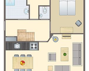 Floor plan of Het Land van Bartje 6-person farmhouse in Ees, Drenthe, with spacious living room and modern kitchen.