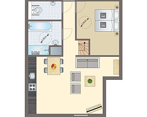 Plattegrond van Het Land van Bartje 4-persoons bungalow in Ees, Drenthe met ruime woonkamer en moderne keuken.