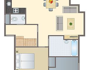 Plattegrond van Het Land van Bartje 5-persoons landhuis 5C2 in Ees, Noord Drenthe. Gezellige indeling met woonkamer, keuken en badkamer.