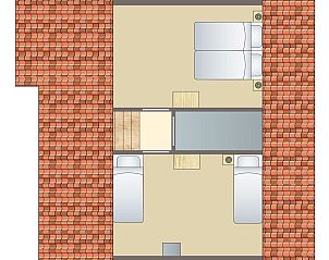 Plattegrond van Het Land van Bartje, 4-persoons landhuis in Ees, Drenthe, met overzicht van slaapkamers en inrichting.