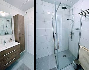 Moderne badkamer in Vakantiehuis in Zeegse, Noord Drenthe met ruime douche en wastafel.