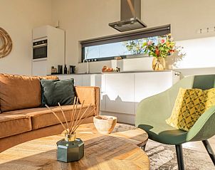 Gezellige woonkamer in Vakantiehuis in Zeegse, met stijlvolle meubels en veel natuurlijk licht.