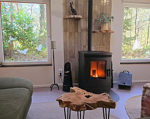 Sfeervolle houtkachel in de woonkamer van Vakantiehuisje in Steenbergen, Noord Drenthe, Drenthe.