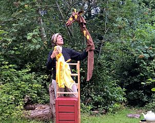 Tuin in Vakantiehuisje in Altena, Noord Drenthe, met poppenspel in de natuur.