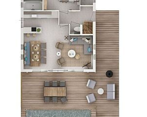 Plattegrond van de begane grond van Vrijstaande woning in Emmen, vakantiehuis in Zuidoost Drenthe met ruim terras.