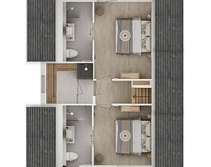 Bovenverdieping plattegrond van Vrijstaande woning in Emmen, vakantiehuis in Drenthe met twee slaapkamers en badkamers.