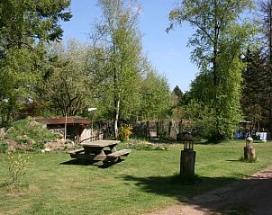 Ruim grasveld met picknicktafel bij Vakantiehuisje in Emmen, omgeven door natuur in Zuidoost Drenthe.