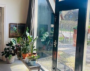 Grote ramen in Huisje in Gees, Drenthe, bieden uitzicht op de groene omgeving.