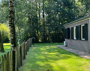 Schaduwrijke zijtuin van Huisje in Gees, vakantiehuis in Zuidoost Drenthe, met houten omheining.