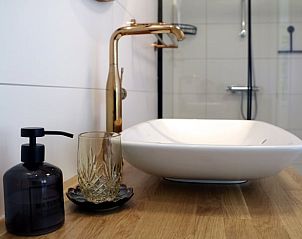 Detail van badkamer in Huisje in Valthe, Zuidoost Drenthe, met elegante wastafel en accessoires.