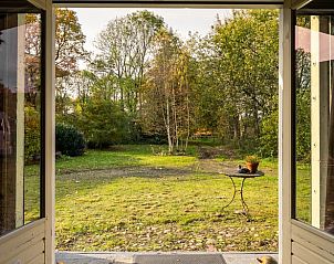 Uitzicht op de tuin vanuit Huisje in Valthe, vakantieaccommodatie in Zuidoost Drenthe met groene omgeving.