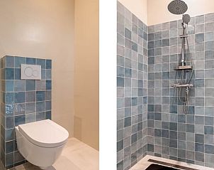 Badkamer met moderne douche en toilet in Huisje in Valthe, vakantieaccommodatie in Zuidoost Drenthe.