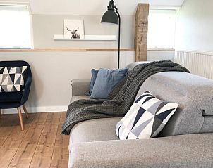 Knusse woonkamer in Vakantiehuisje in Valthe, Drenthe met comfortabele bank en stijlvolle decoratie.