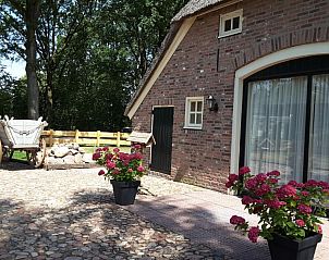 Gezellig terras bij Woonboerderij Kosterhoeve in Valthe, Zuidoost Drenthe met bloemen en oude houten wagen.