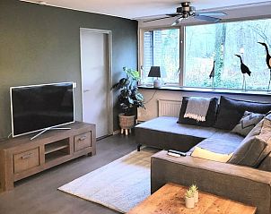 Gezellige zithoek in Vakantiehuis in Schoonoord met grote ramen en uitzicht op de natuur.